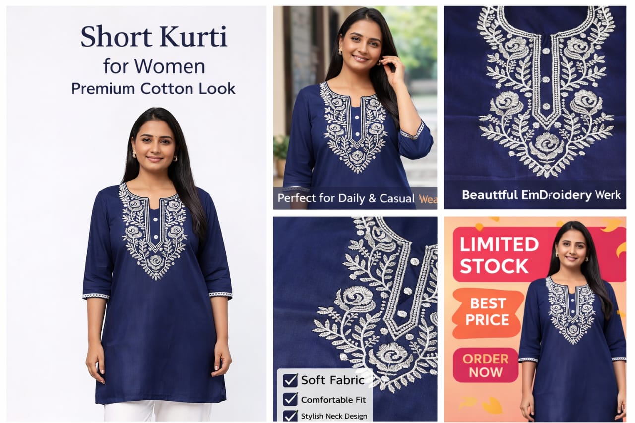 ThreadFash Navy Embroidered Kurti - Premium Cotton Ethnic Wear